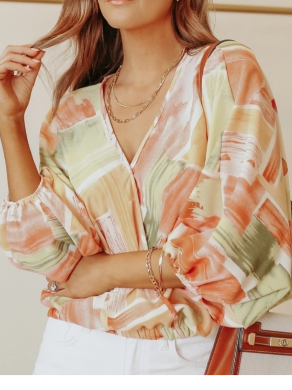 Entro Abstract Pink and Green Brushstroke Dolman Sleeve Blouse